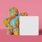 Cute plush rainbow Yeti card mockup 3d rendering character pink background. Modern creative minimal holiday sale design