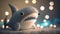 Cute plush toy shark, sits, soft warm lighting, background blur