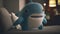 Cute plush toy shark, sits, soft warm lighting, background blur