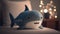 Cute plush toy shark, sits, soft warm lighting, background blur