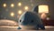 Cute plush toy shark, sits, soft warm lighting, background blur