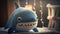 Cute plush toy shark, sits, soft warm lighting, background blur