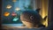 Cute plush toy shark, sits, soft warm lighting, background blur