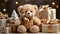 Cute plush toy soft bear and boxes with gifts for Christmas