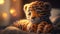 Cute plush toy tiger, sits, soft warm lighting, background blur