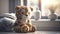 Cute plush toy tiger, sits, soft warm lighting, background blur