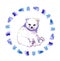 Cute polar bear cub, white bear animal in wreath with footprint. Watercolor