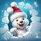 Cute Polar Bear with hat and scarf coming out of hole crack in Christmas Winter scene background