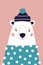 Cute polar bear in hat and sweater on pink background. Vertical greeting card. Colorful illustration for postcard in