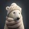 A cute polar bear wrapped up warm in a knitted hat and scarf for winter. Generative ai