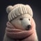 A cute polar bear wrapped up warm in a knitted hat and scarf for winter. Generative ai