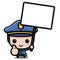 Cute police cartoon character wearing full police costume with holding board to text