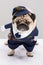 Cute Police dog,Happy Dog pug breed wering police uniform standing on gray background