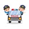 Cute police man and woman on patrol with car. Children wearing police costume clip art.
