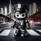 Cute policeman robot standing , city background.