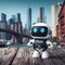 Cute policeman robot standing , city background.