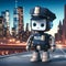 Cute policeman robot standing , city background.