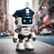 Cute policeman robot standing , city background.