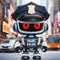 Cute policeman robot standing , city background.