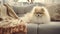 Cute Pomeranian dog on sofa in room decorated for Christmas