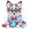 A Cute Pomsky Puppy with a Fashionable Flair: Pastel Headband, Bandana, and Glasses. AI Generated