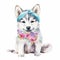 Cute Pomsky Puppy Posing with Watercolor Background and Pastel Headband. AI Generated