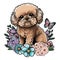 A cute poodle and butterflies surrounded by flowers illustration.