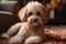 Cute poodle dog relaxing on the home carpet, adorable pet