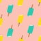 Cute popsicles seamless pattern on pale pink background. Colorful ice cream background in flat cartoon style.