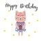 Cute postcard Happy Birthday with lovely kitty and gift. Sweet background with stars