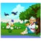 Cute poster with a boy in a traditional Russian costume playing the flute in a forest glade. Vector cartoon close-up