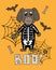 Cute poster with a lettering for Halloween. Dog in a skeleton suit