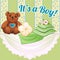 Cute poster with a soft toy and pillows in the room newborn boy. Sketch for invitation or greeting card for the birth of