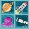 Cute poster on the theme of space exploration. Planet Saturn, flying rocket, astronomical telescope, alien purple