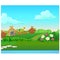 Cute poster with wooden country houses, grassy meadow. Vector cartoon close-up illustration.