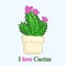 Cute pot with blloming cactus. Hand drawn vector