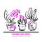 Cute pots with blloming housplants and cactus. Hand drawn vector