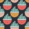 Cute pots with cacti and succulents. Vector seamless pattern. Funny faces are smiling. Trendy hand-drawn Scandinavian