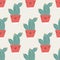 Cute pots with cactuses. Vector seamless pattern. Funny faces are smiling. Trendy hand-drawn Scandinavian cartoon doodle