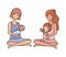 Cute pregnancy mothers seated lifting little babies characters