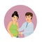 Cute pregnant woman and doctor measure belly volume. Vector image.