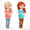 Cute pregnant woman is holding baby booties. In two color variations