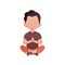 A cute preschool boy is engaged in the lotus position. Isolated. Cartoon style.