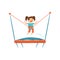 Cute preschool girl jumping on trampoline. Children recreation. Active leisure. Happy childhood. Flat vector design