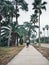 Cute preschooler blonde Caucasian child girl running along Florida street among palm trees. View from back.