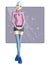 Cute and pretty full length image of a girl in shades of blue and pink