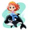 Cute pretty mermaid riding on an orca vector cartoon illustration