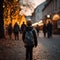 Cute primary school students back view on an evening street