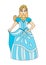 Cute princess curtsy. The girl is blonde in the crown. Vector illustration of a young queen with blue eyes. Crown, long hair and a