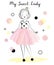 Cute princess. Fashion Girl in queen crown and pink skirt in hand drawn ink style. Design for greeting cards, textile prints